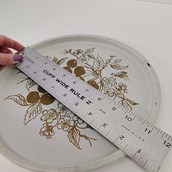 Vintage Round Tray Metal 11" White with Gold Cherries Painted - Fun Retro Decor - Picture 5 of 9